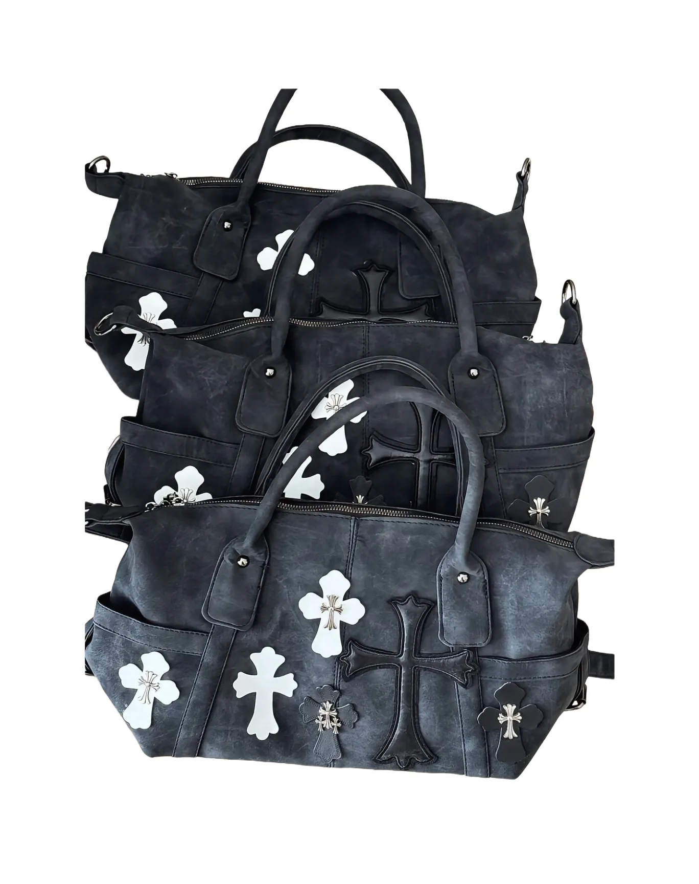 黑白拼接旅行袋罗马金属十字架单肩斜挎包ASI (28)